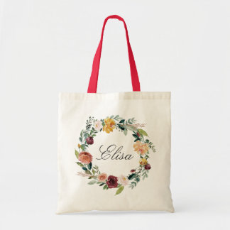Orange Blush Burgundy Floral Wreath Bridesmaid Tote Bag