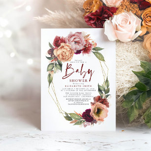Orange Blush Burgundy Red Floral Fall Baby Shower Invitation
