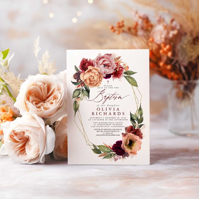 Orange Blush Burgundy Red Floral Fall Baptism Invitation (Fall Baptism Invitations)