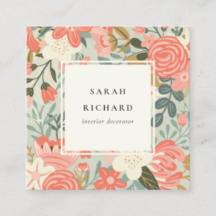 Orange Blush Teal Blue Green Lace Ambrosia Floral Square Business Card