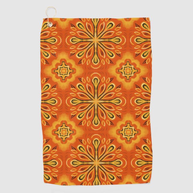 Orange Boho Abstract Flower Pattern Decorative Golf Towel (Front)