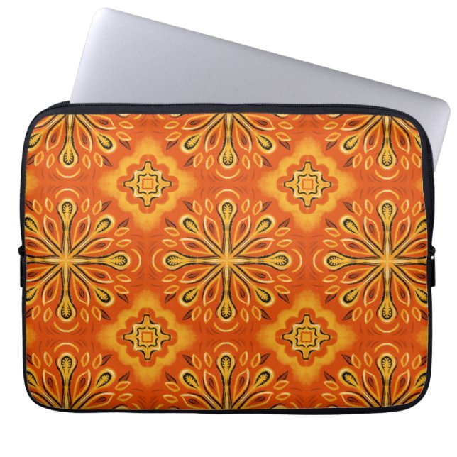 Orange Boho Abstract Flower Pattern Decorative Laptop Sleeve (Front)