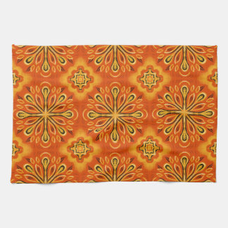 Orange Boho Abstract Flower Pattern Decorative Tea Towel