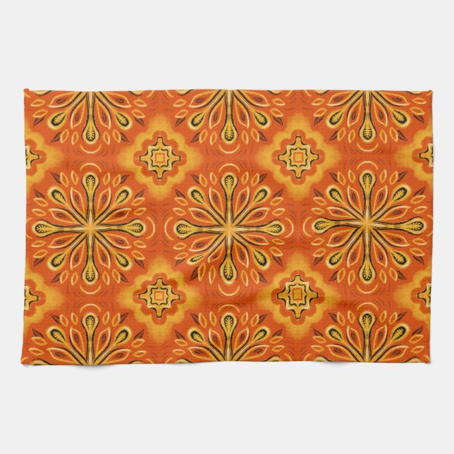 Orange Boho Abstract Flower Pattern Decorative Tea Towel (Horizontal)
