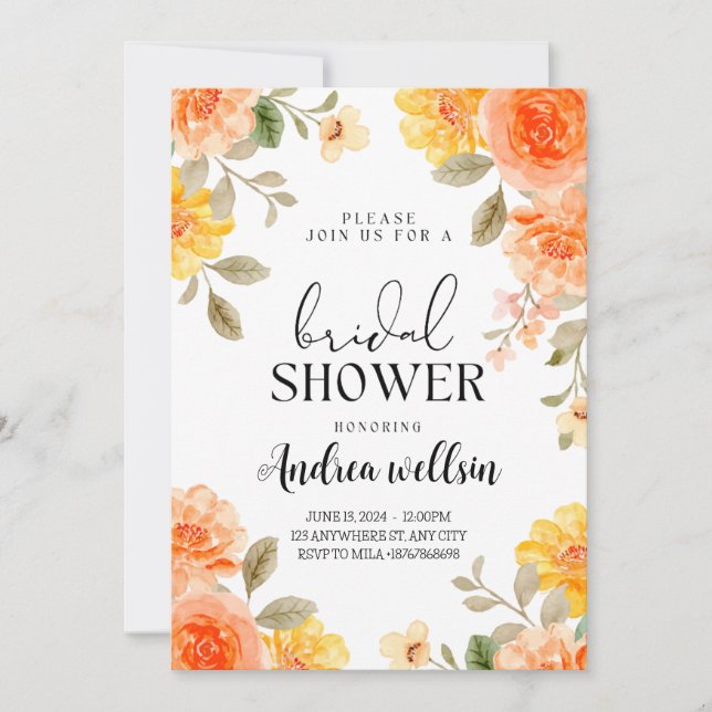 Orange boho floral bridal shower invitation (Front)