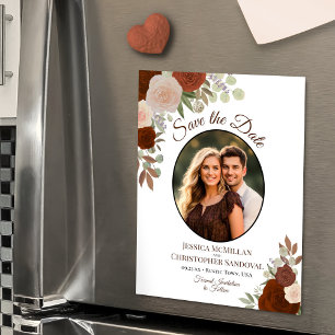 Orange Boho Floral & Photo Wedding Save the Date Magnetic Invitation