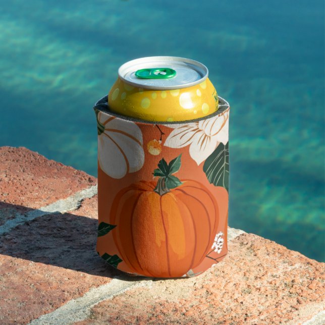 Orange Boho Pumpkin Autumn Floral Pattern Can Cooler (In Situ Pool)
