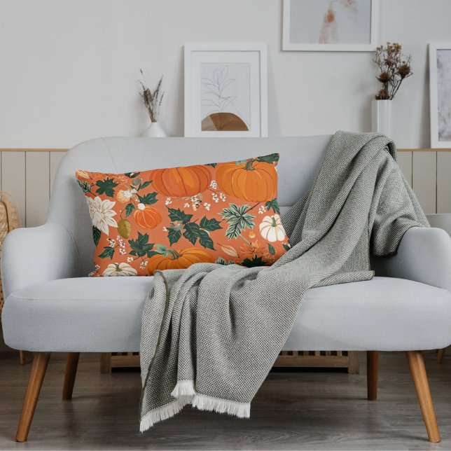Orange Boho Pumpkin Autumn Floral Pattern Lumbar Cushion (Creator Uploaded)