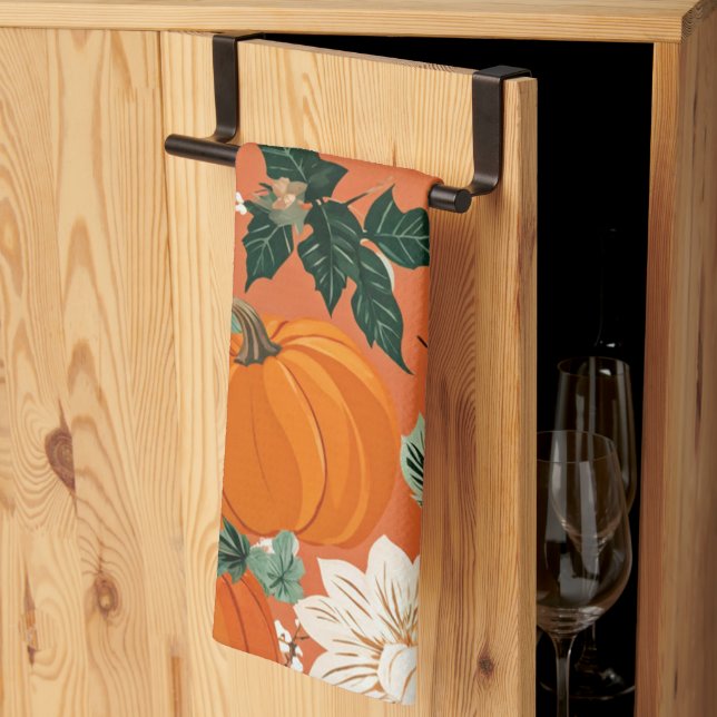 Orange Boho Pumpkin Autumn Floral Pattern Tea Towel (Thirds Fold)