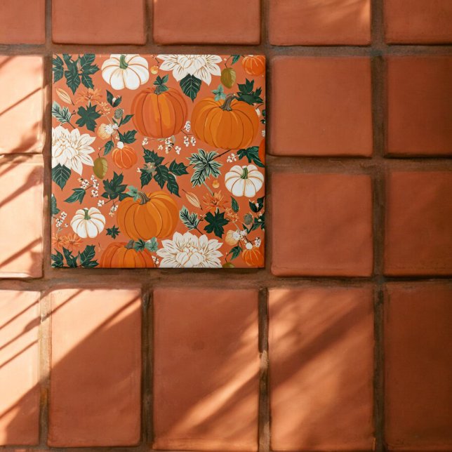 Orange Boho Pumpkin Autumn Floral Pattern Tile (Creator Uploaded)