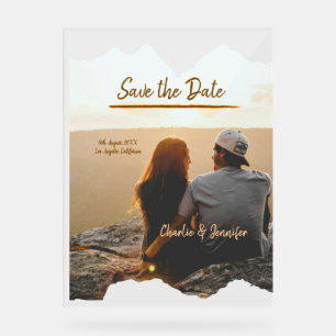 orange boho save the date modern photo couple name acrylic sign