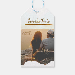 orange boho save the date modern photo couple name gift tags