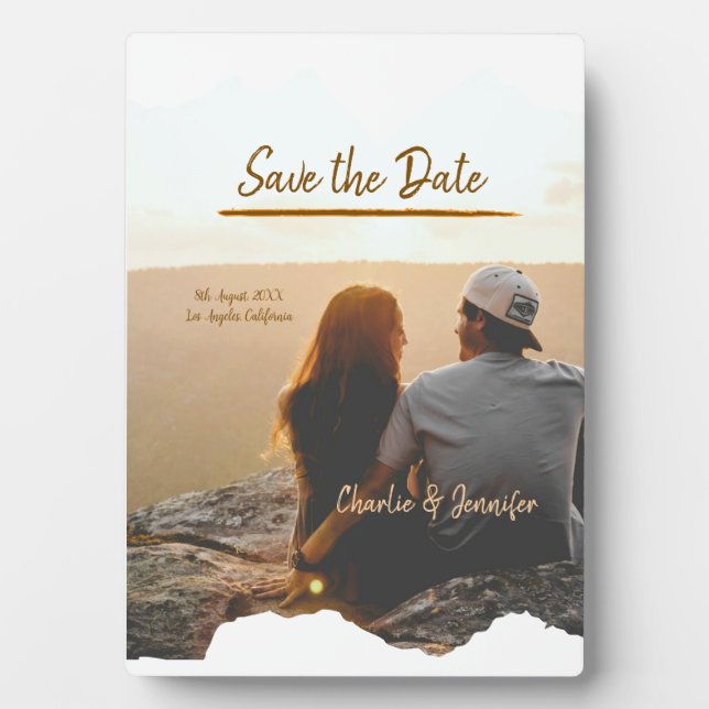 orange boho save the date modern photo couple name plaque (Front)