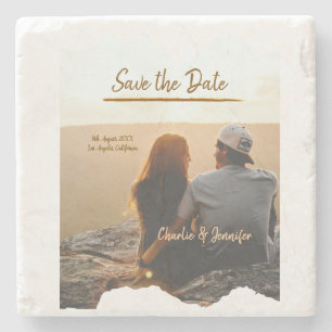 orange boho save the date modern photo couple name stone coaster