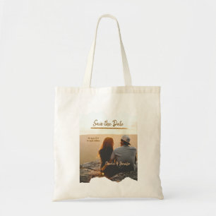 orange boho save the date modern photo couple name tote bag