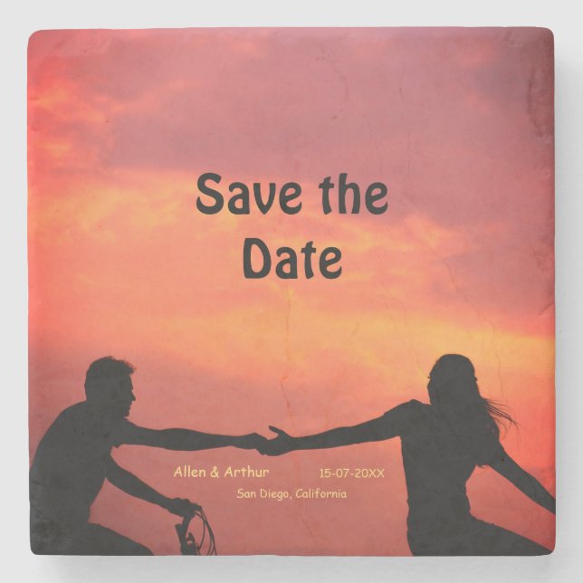 orange boho save the date QR add website name phot Stone Coaster (Front)