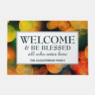 Orange Bokeh WELCOME AND BE BLESSED Doormat