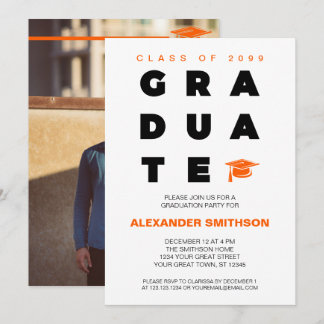 Orange Bold GRADUATE Letters and Cap Graduation Invitation