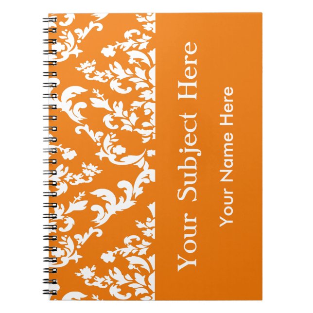 Orange Bold Mod Damask w/ custom text Spiral Notebook (Front)