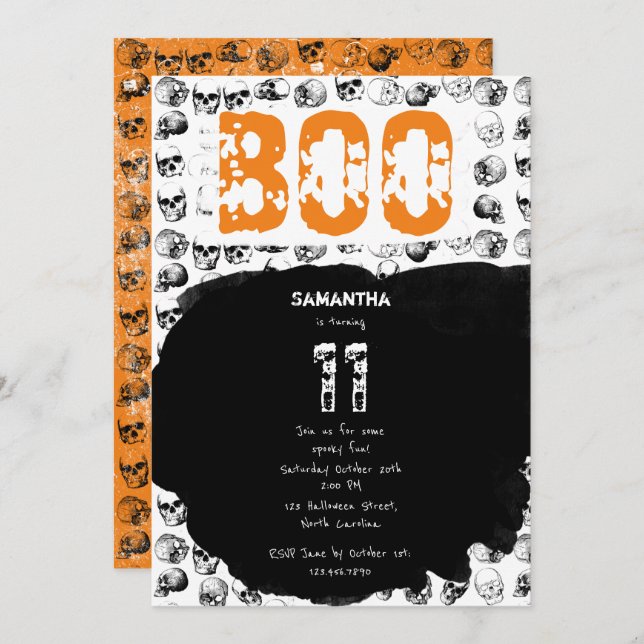 Orange Boo Halloween Spooky Skull Birthday Invitation (Front/Back)