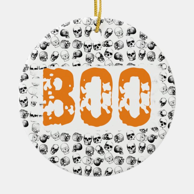 Orange Boo Halloween Spooky Skull Pattern  Ceramic Tree Decoration (Front)