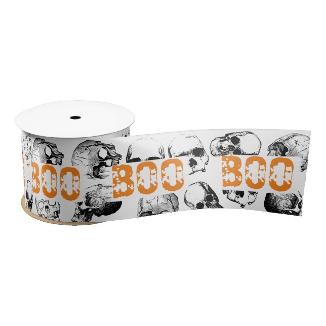 Orange Boo Halloween Spooky Skull Pattern  Satin Ribbon (Spool)