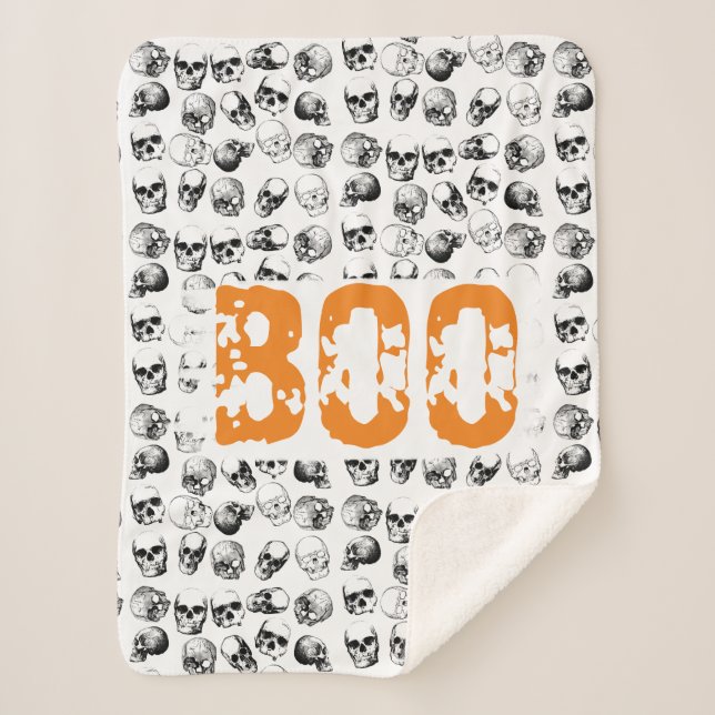 Orange Boo Halloween Spooky Skull Pattern  Sherpa Blanket (Front)