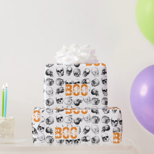 Orange Boo Halloween Spooky Skull Pattern  Wrapping Paper