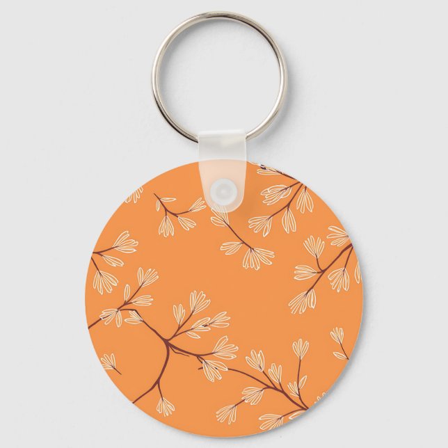 Orange Botanical Pattern White Hand Drawn Branches Key Ring (Front)