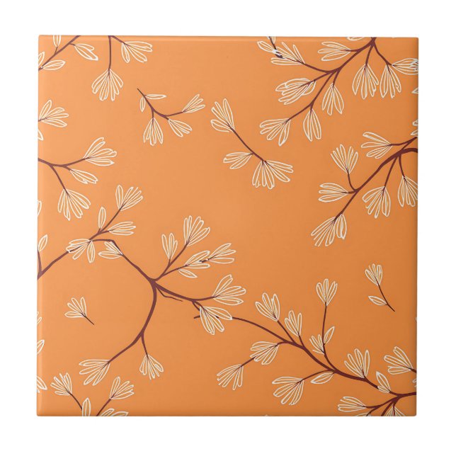 Orange Botanical Pattern White Hand Drawn Branches Tile (Front)