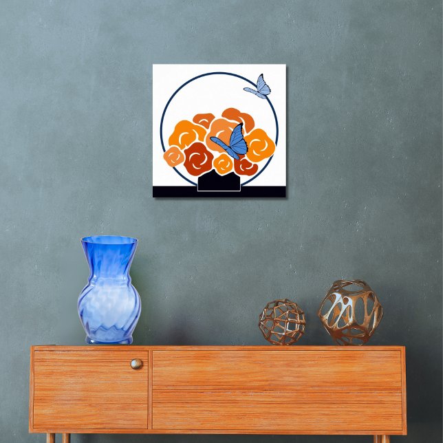 Orange Bouquet & Blue Butterflies Square  Poster (Blue & Orange Bouquet & Butterflies Square Poster, Entryway)