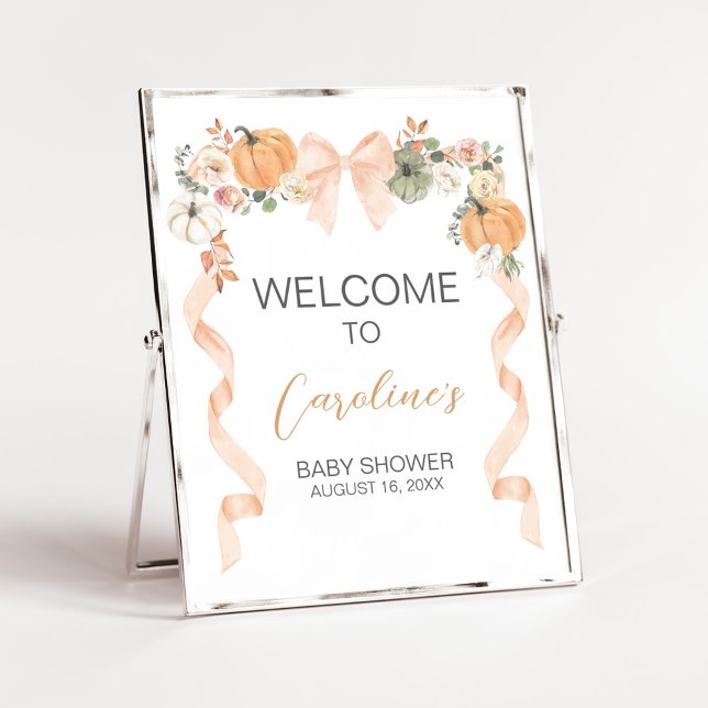 Orange Bow Pumpkin Baby Shower Welcome Sign (Orange Pumpkin Baby Shower Welcome Sign)