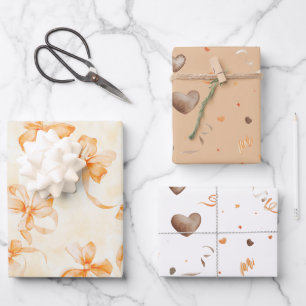 Orange Bows Hearts Chocolate Birthday Wrapping Paper Sheet