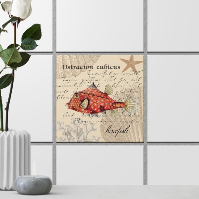 Orange Boxfish Illustration 🐡 Nautical Vintage Tile (Orange Boxfish Illustration 🐡 Nautical Vintage Ceramic Tile
)