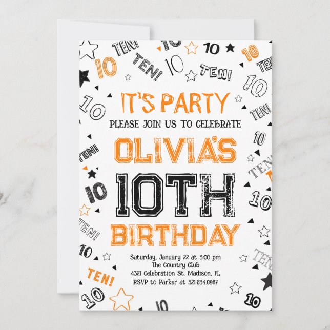Orange Boy Number Ten Birthday Party Invitation (Front)