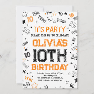 Orange Boy Number Ten Birthday Party Invitation