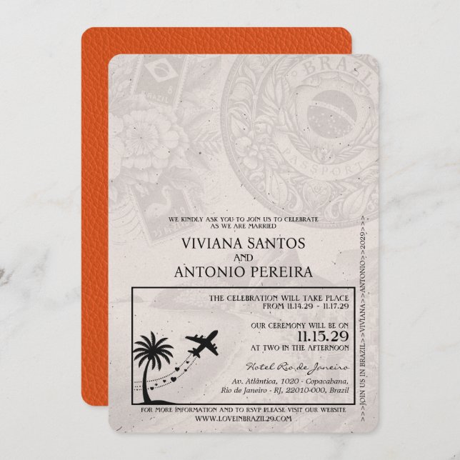 Orange Brazil Passport Wedding Invitation (Front/Back)