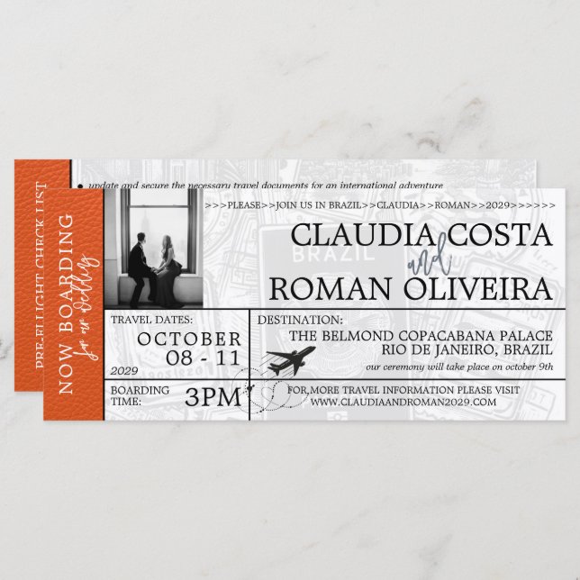 Orange Brazil Wedding Boarding Pass Invitation (Front/Back)