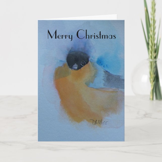 Orange Breasted Winter Bird Watercolor Christmas Holiday Card (Front)