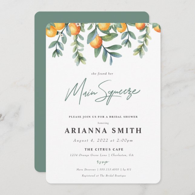 Orange Bridal Shower Invitation main squeeze (Front/Back)