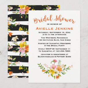 Orange Bridal Shower Lily Flowers Black Stripes Invitation