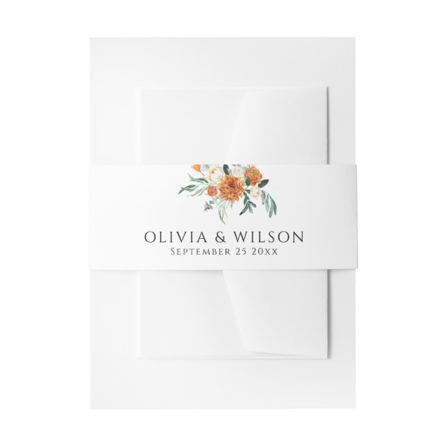 Orange Bright Boho Fall Floral Wedding Invitation Belly Band (Front Example)