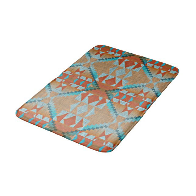 Orange Brown Aqua Turquoise Blue Tribal Art Bath Mat (Angled)