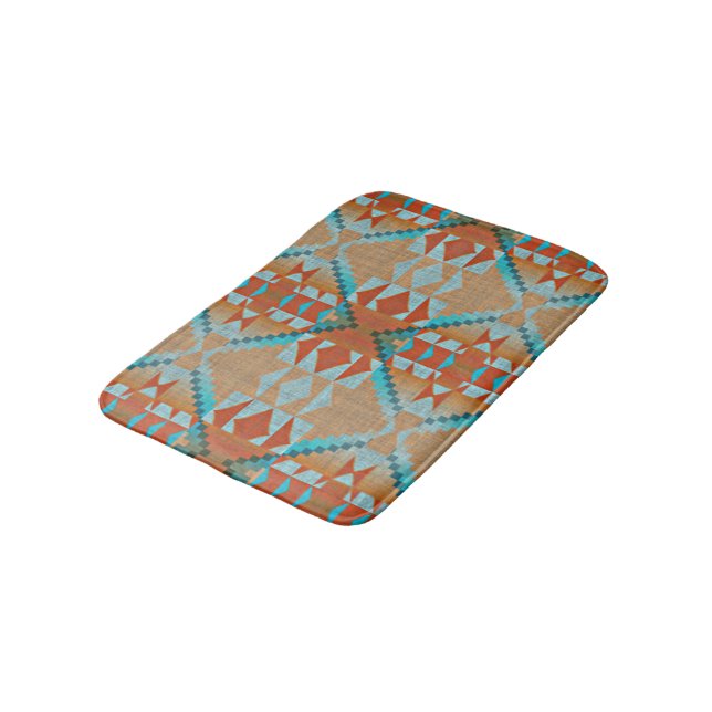 Orange Brown Aqua Turquoise Blue Tribal Art Bath Mat (Angled)