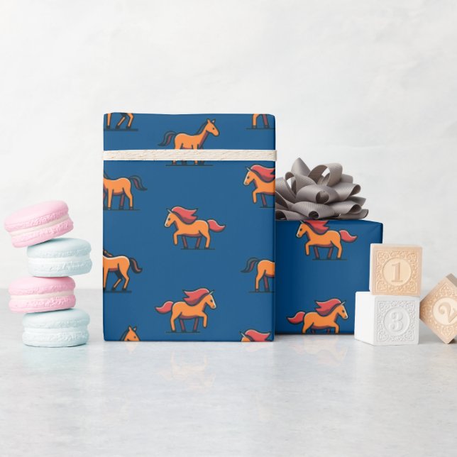 Orange Brown Cartoon Horse Pattern Kid B'day Gift Wrapping Paper (Baby Shower)