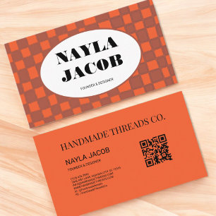 Orange Brown Chequerboard Pattern QR Code Handmade Business Card