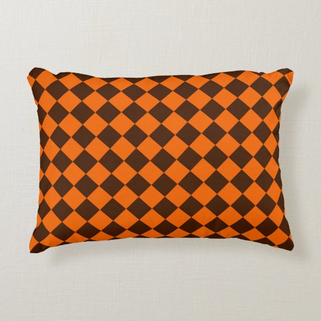 Orange Brown Diamond Chequered Pattern Decorative Cushion (Front)