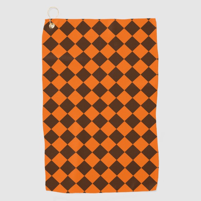 Orange Brown Diamond Chequered Pattern Golf Towel (Front)