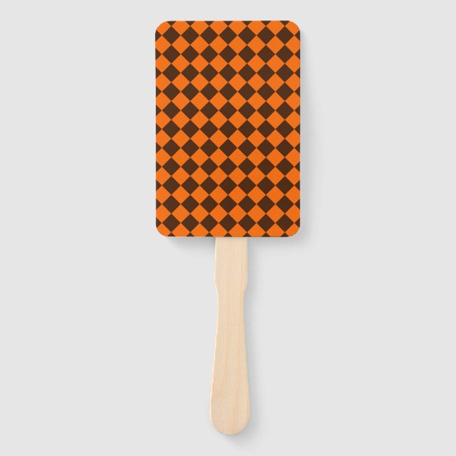 Orange Brown Diamond Chequered Pattern Hand Fan (Front)