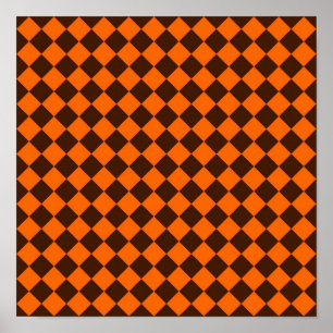 Orange Brown Diamond Chequered Pattern Poster